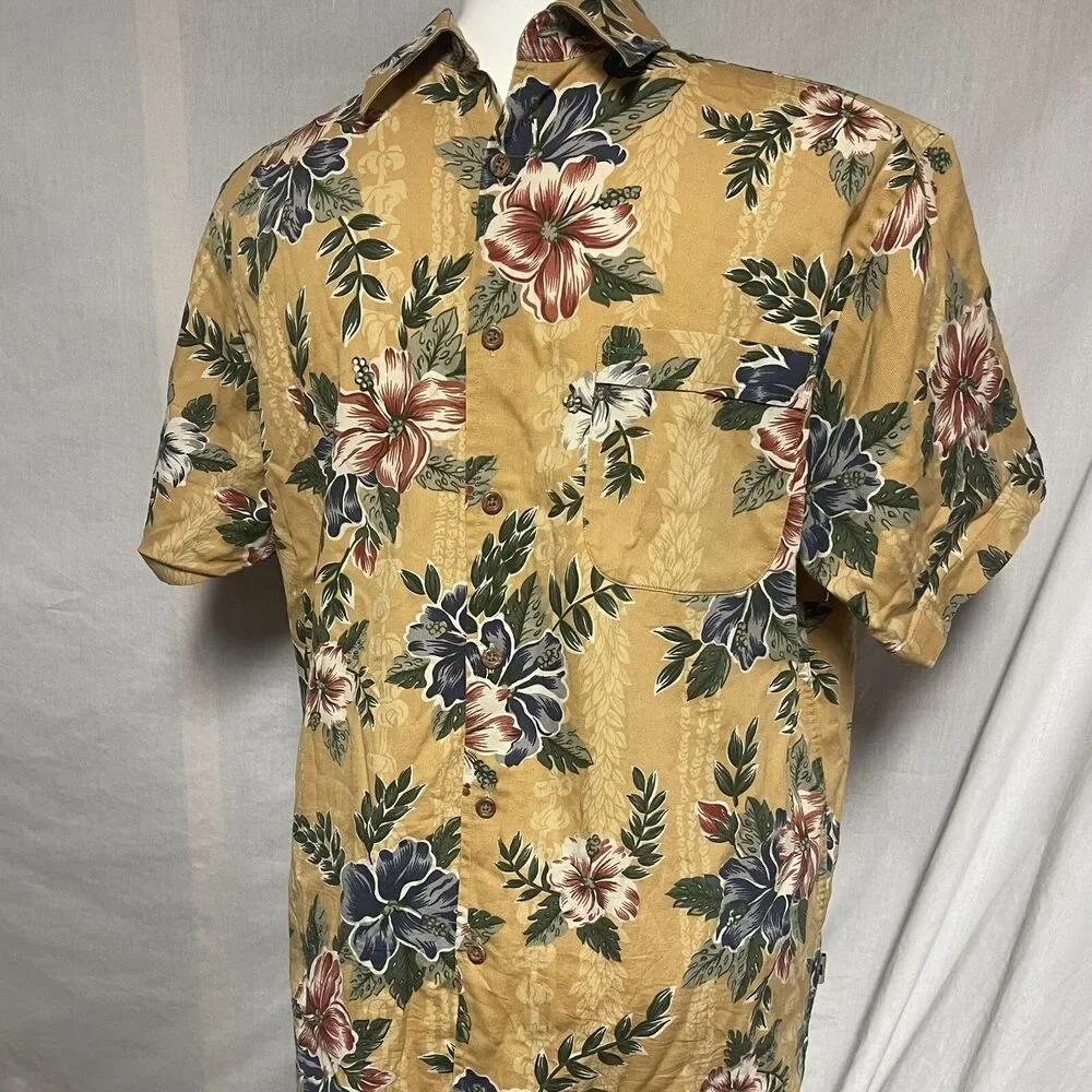 An Original by Tommy Hilfiger Mens Mustard Hawaiian Shirt Floral Hibiscus Large